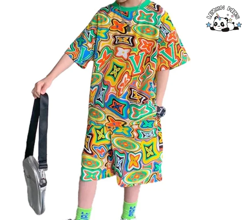 LEZONKIDS - Customized Children's Clothes Cotton Colorful Print T-shirt Short Boy 2 Piece Sets for Daily Wear